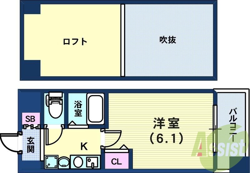 阪神春日野道駅から徒歩1分の1Ｋ+ロフト付き物件です。