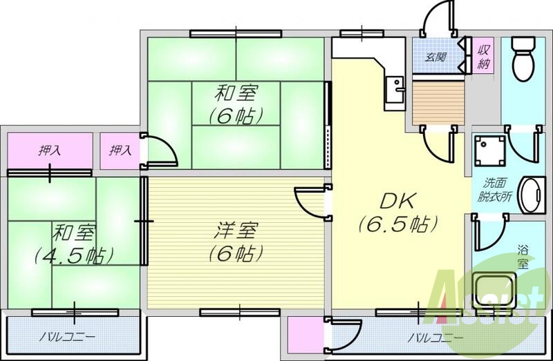 3DK（56平米）2面バルコニー・角部屋・風呂トイレ別・収納