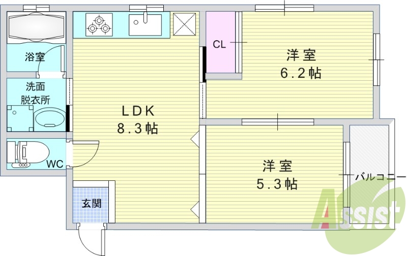 2DK（39.82平米）システムキッチン・TVインターホン