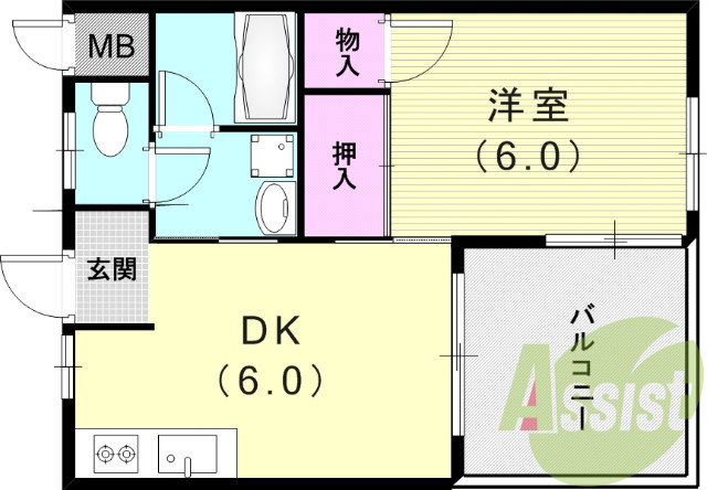 2DK(31.59平米)収納豊富、セパレート、広々バルコニー