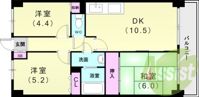 3ＬＤＫ（58平米）独立洗面台・収納・TVモニターホン