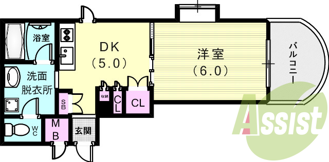 1DK(33.5平米)オートロック、南向きバルコニー