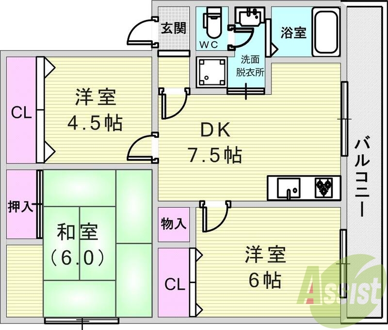 ３ＤＫ（６２.３７平米）システムキッチン、南向き角部屋です