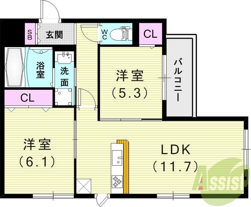 2LDK(53.5平米）カウンターキッチン・浴室乾燥機