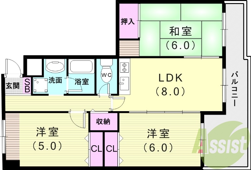 ３DK（59.5平米）システムキッチン・室内洗濯機置場・収納