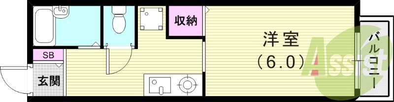 1K(21平米)セパレート・エアコン・室内洗濯機置場