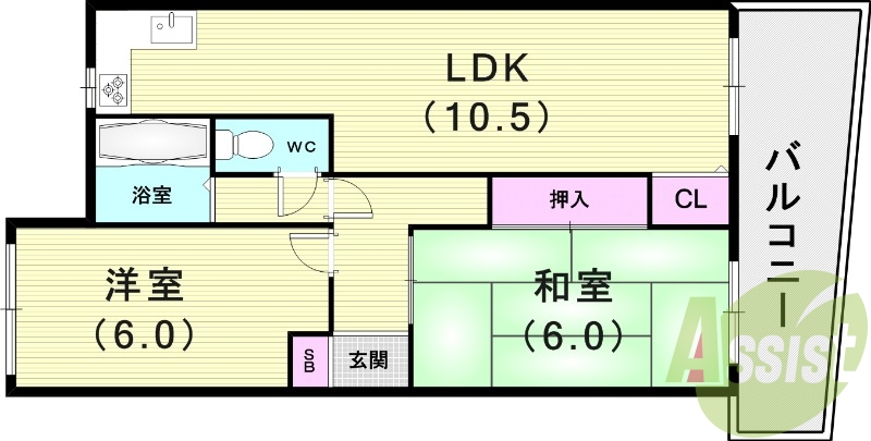 2LDK（３０平米）キッチン・トイレ・バルコニー・洗濯機置場