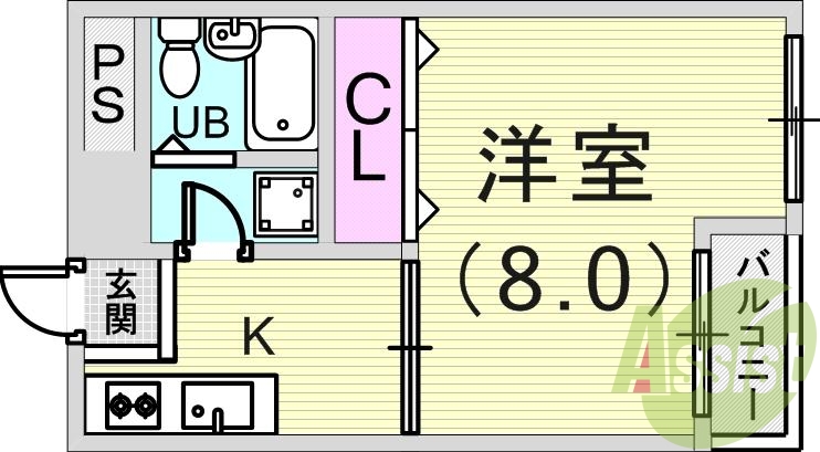１K（27平米）システムキッチン・室内洗濯機置場