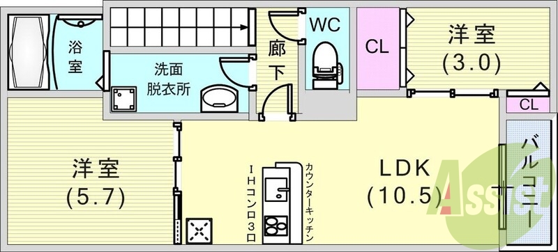 2LDK(52.53平米)カウンターキッチン・浴室乾燥機