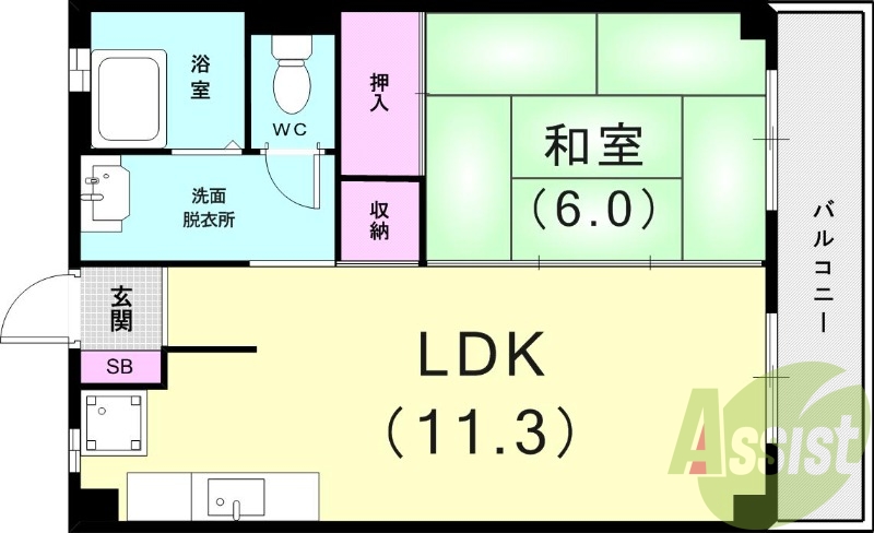 1LDK（43.13平米）独立洗面台・バルコニー・洗濯機置場