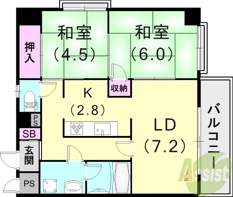 2LDK(72.27平米)角部屋・システムキッチン・洗面台