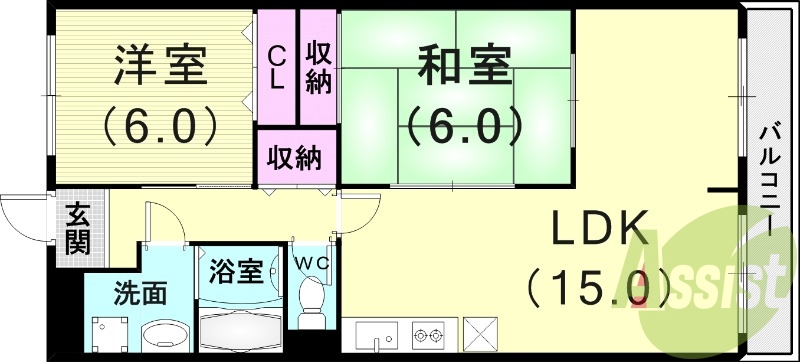 2LDK（60.5平米）独立洗面台・風呂トイレ別・バルコニー