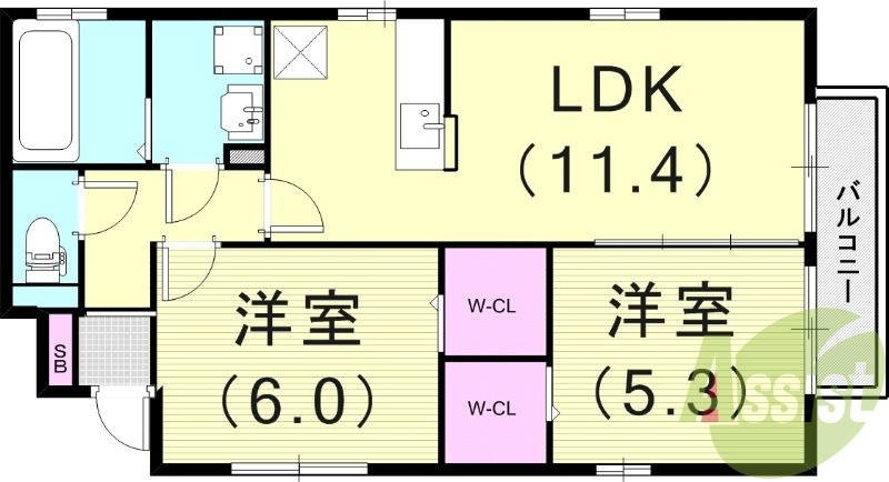 2LDK（53.36平米）室内物干し・シャッター雨戸