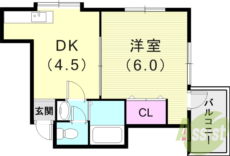 1DK（30平米）エアコン・風呂トイレ別・角部屋・バルコニー