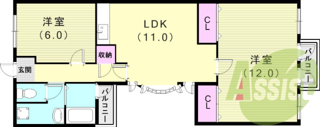 2LDK(63.23平米)バス・トイレ別・室内洗濯機置場