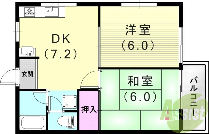 2DK(39.74平米)屋根裏部屋・エアコン・