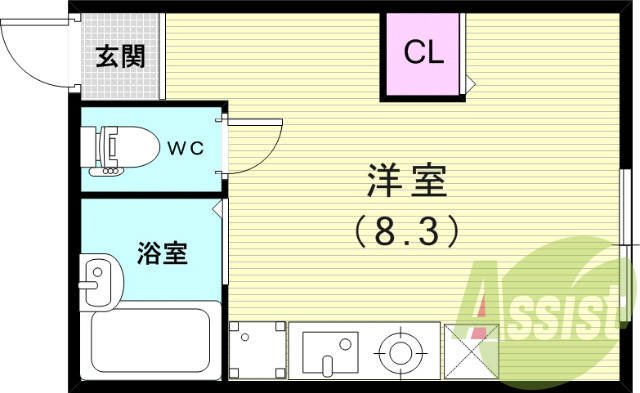 １R（１９.０８平米）TVモニターホン・ウォシュレット・収納