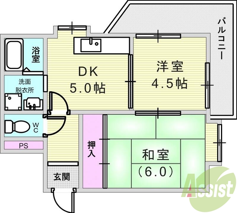 2DK（３６平米）独立洗面台・お風呂トイレ別部屋