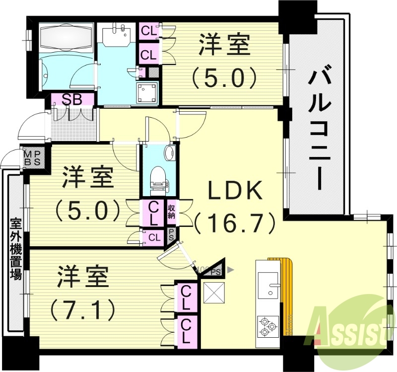 3LDK（70.39平米）カウンターキッチン・浴室乾燥機