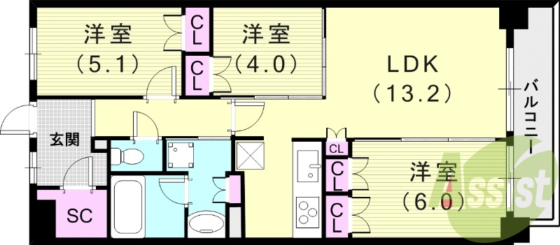 3LDK（68.15平米）24時間ゴミ出し可・食器洗浄乾燥機