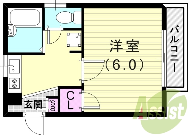 1K（19.87平米）エアコン・風呂トイレ別・Wi-Fi無料