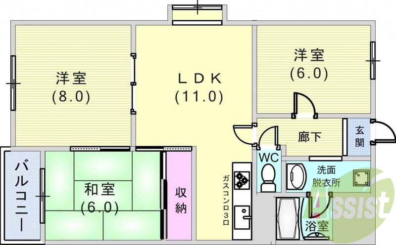 3LDK（63.43平米）システムキッチン・エアコン・収納