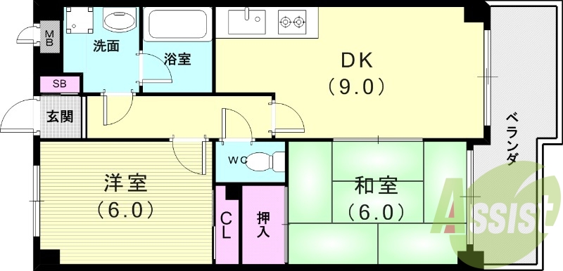 2DK（48.5平米）システムキッチン・南面バルコニー・和室