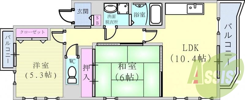 2LDK(56.97平米)南面バルコニー・室内洗濯機置き場