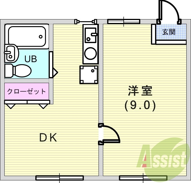 1DK(30平米)ガスキッチン・エアコン・室内洗濯機置場