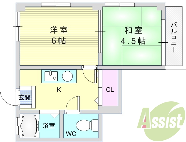 2K（30平米）お風呂トイレ別・クローゼット