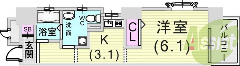 1K(25.76平米)角部屋・エアコン・室内洗濯機置場・収納