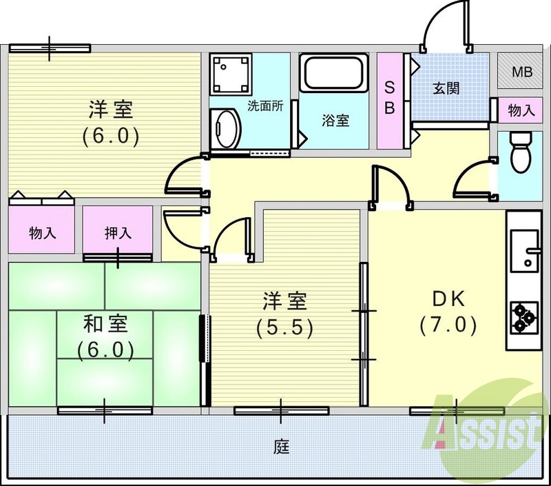 3DK(60平米)追炊付給湯・室内洗濯機置場