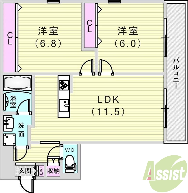 ２ＬＤＫ（55.91平米）システムキッチン・独立洗面台・収納