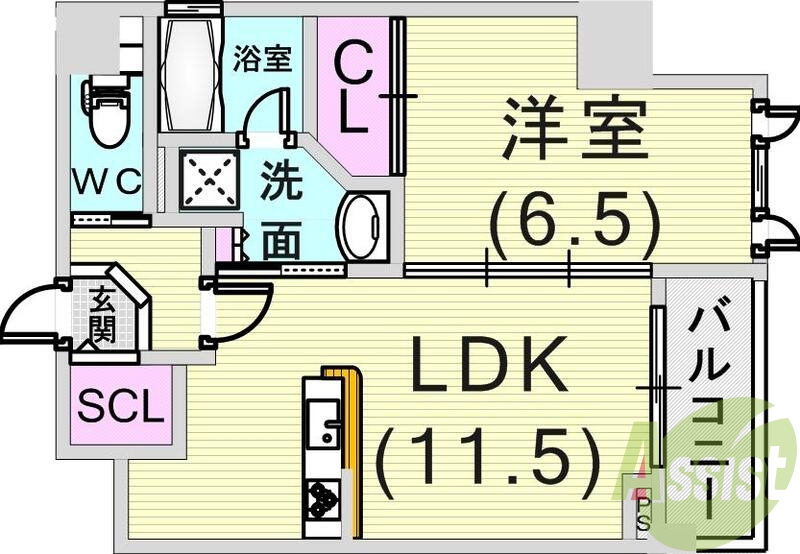 １ＬＤＫ（４５．２９平米）カウンターキッチン・３口ガスコンロ