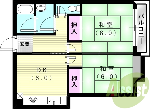 2DK(45平米)バストイレ別・独立洗面台・室内洗濯機置場