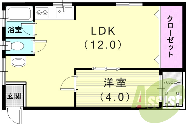 2DK（３３平米）エアコン・ガスコンロ・収納・バルコニー