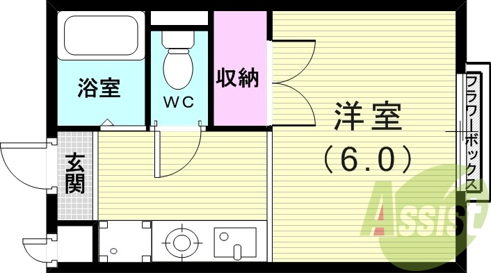 ワンルーム（１９．８７㎡）エアコン・室内洗濯機置き場・下駄箱