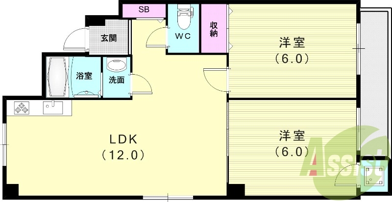 2LDK（48.4平米）エアコン・脱衣所・独立洗面台