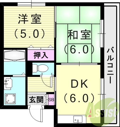 2DK(40平米)独立洗面台・下駄箱・室内洗濯機置場
