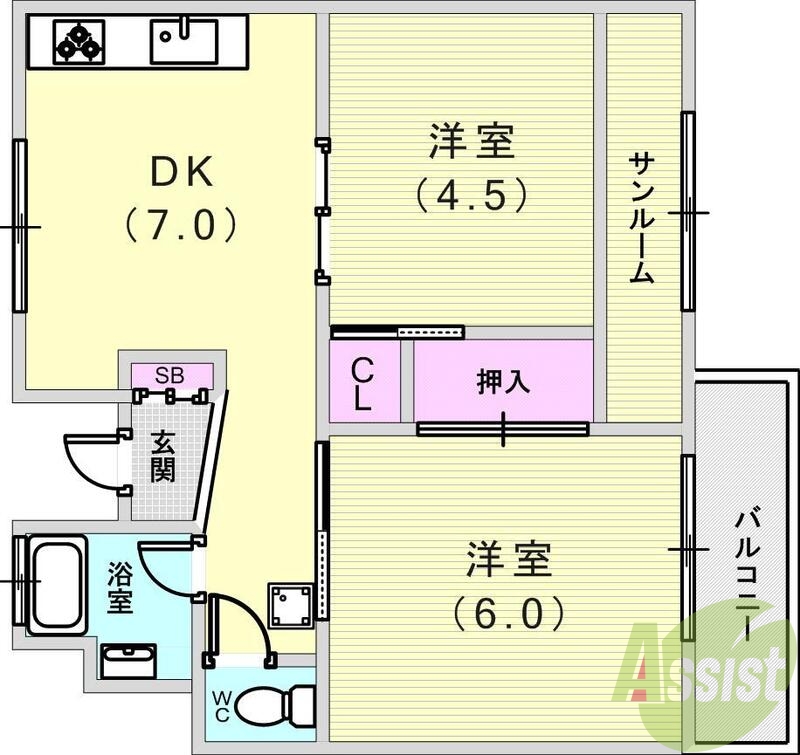 2DK（42平米）ペット可・サンルーム・室内洗濯機置場・収納