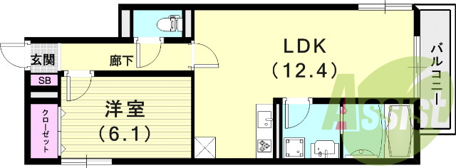 1LDK（45.76平米）浴室乾燥機・モニターホン・最上階