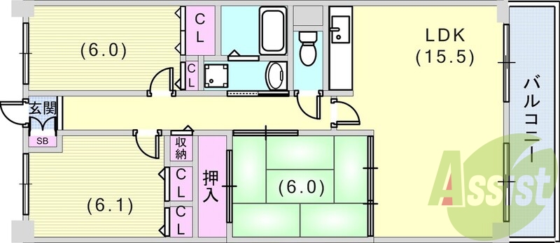 3LDK(75平米)室内洗濯機置き場・オートロック