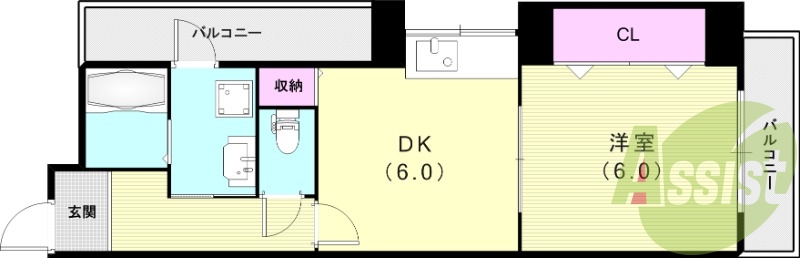 1DK(40.7平米)風呂トイレ別・独立洗面台・室内洗濯機
