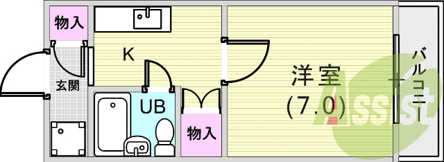 1Ｋ（22平米）室内洗濯機置き場・室内洗濯機置場・エアコン