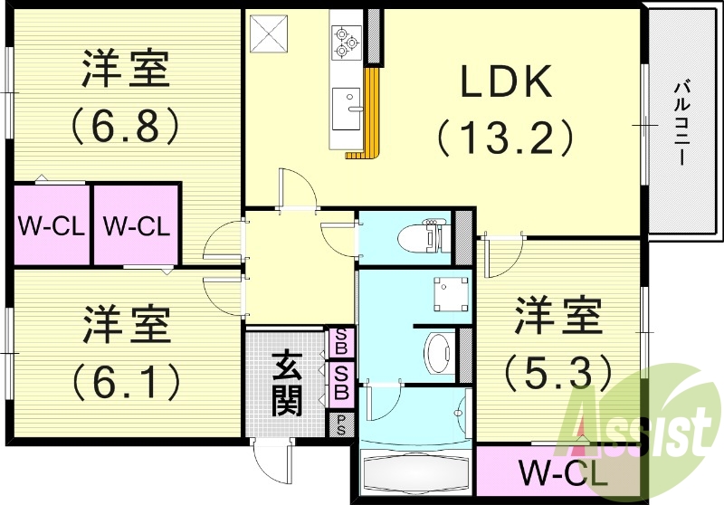 3LDK（73.39平米）モニター付きインターホン・追い焚き