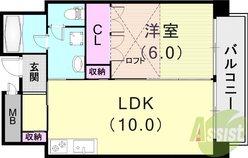 1LDK(49平米)オートロック、南向きバルコニー
