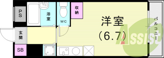 1R（19平米）エアコン・ＩＨコンロ・洗濯機置き場・収納
