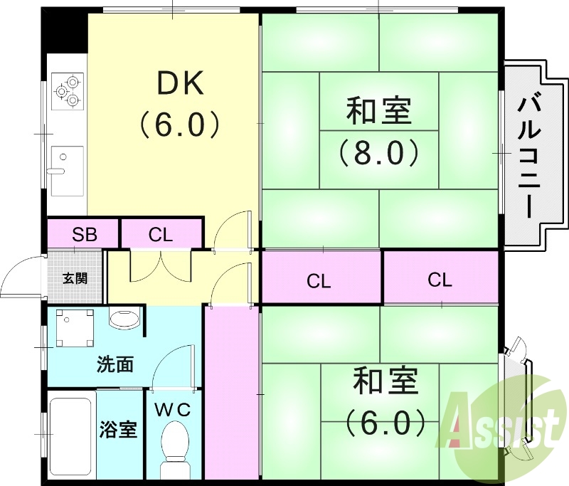 2DK(45平米)システムキッチン・独立洗面台・収納・最上階