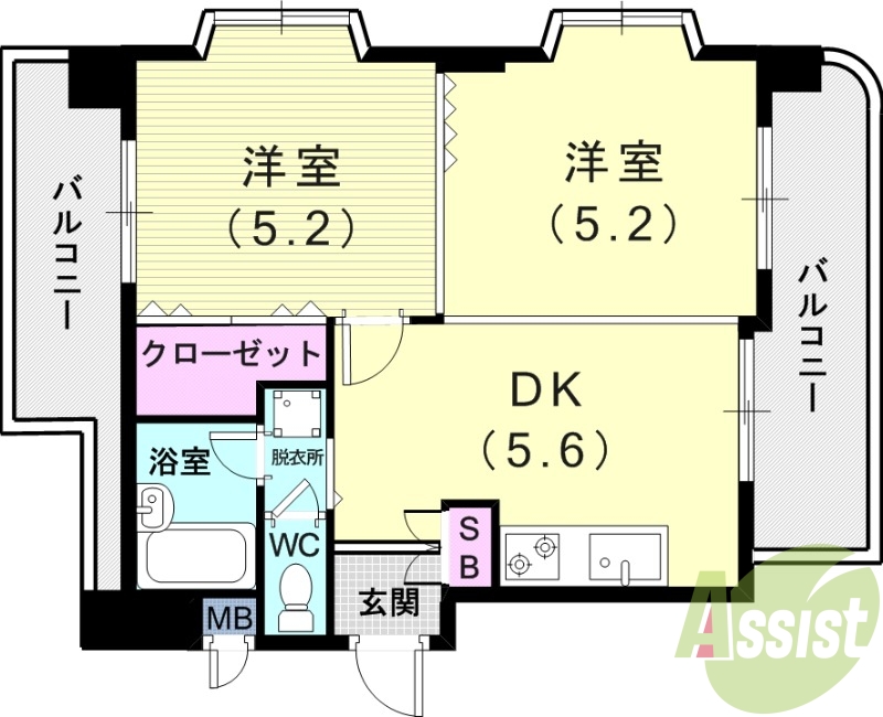 2DK(35.37平米)オートロック、浴室乾燥機、エアコン