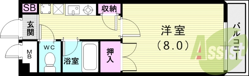 １Ｋ（２５．５平米）バストイレ別・エアコン・インターネット